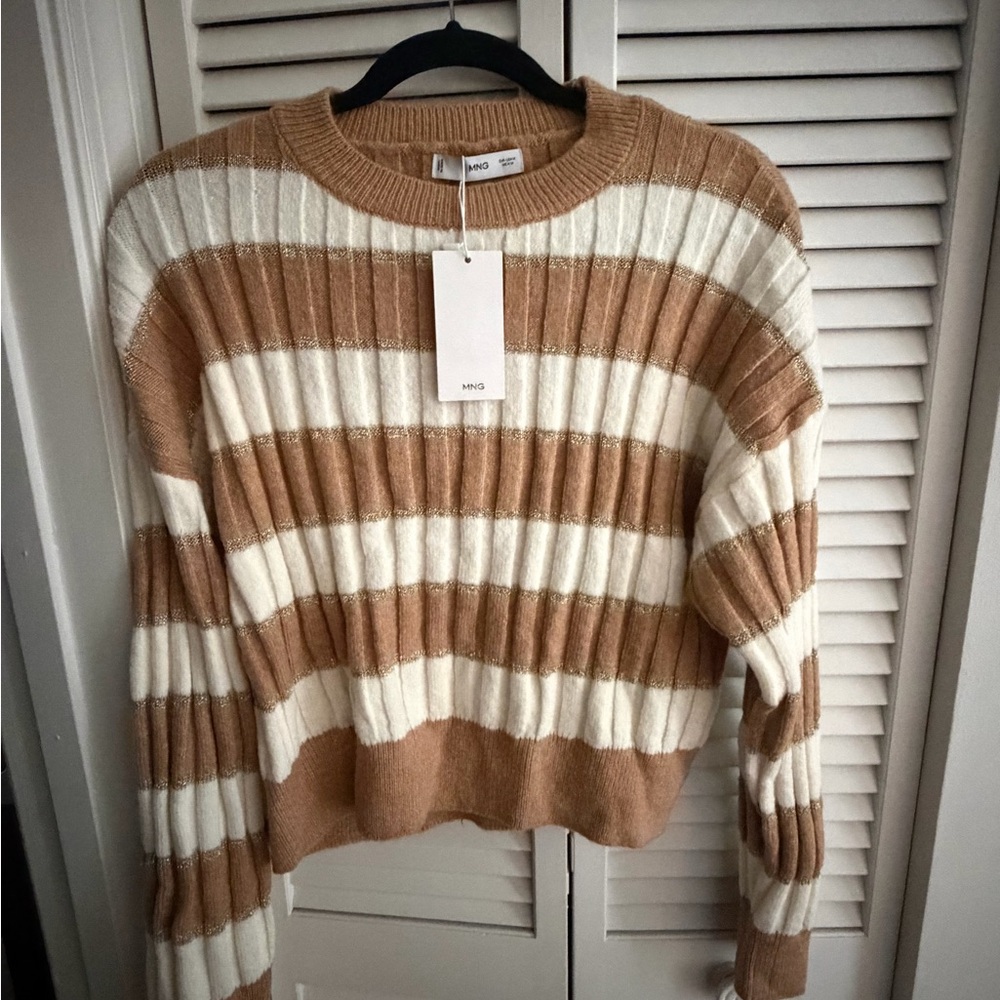 Mango Women's Crew Neck Sweater - Tan and Cream Stripes